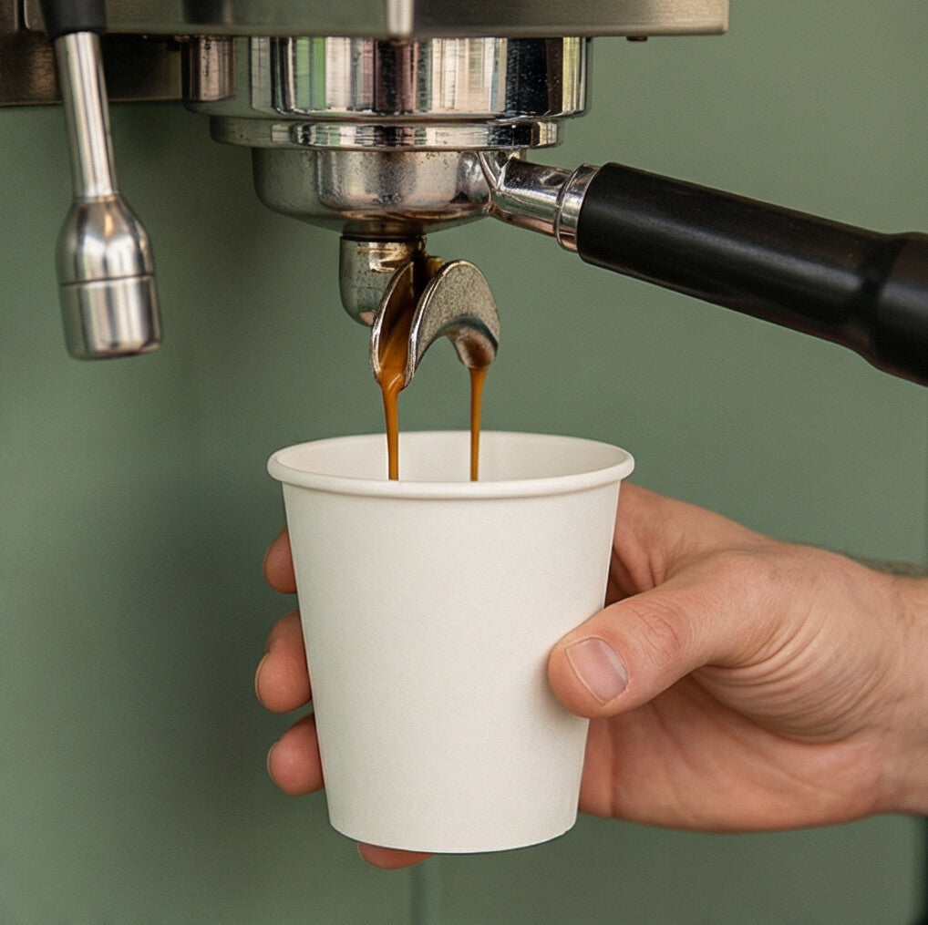 Hand holding a white 4oz paper cup under an espresso machine as a double shot pours, green background