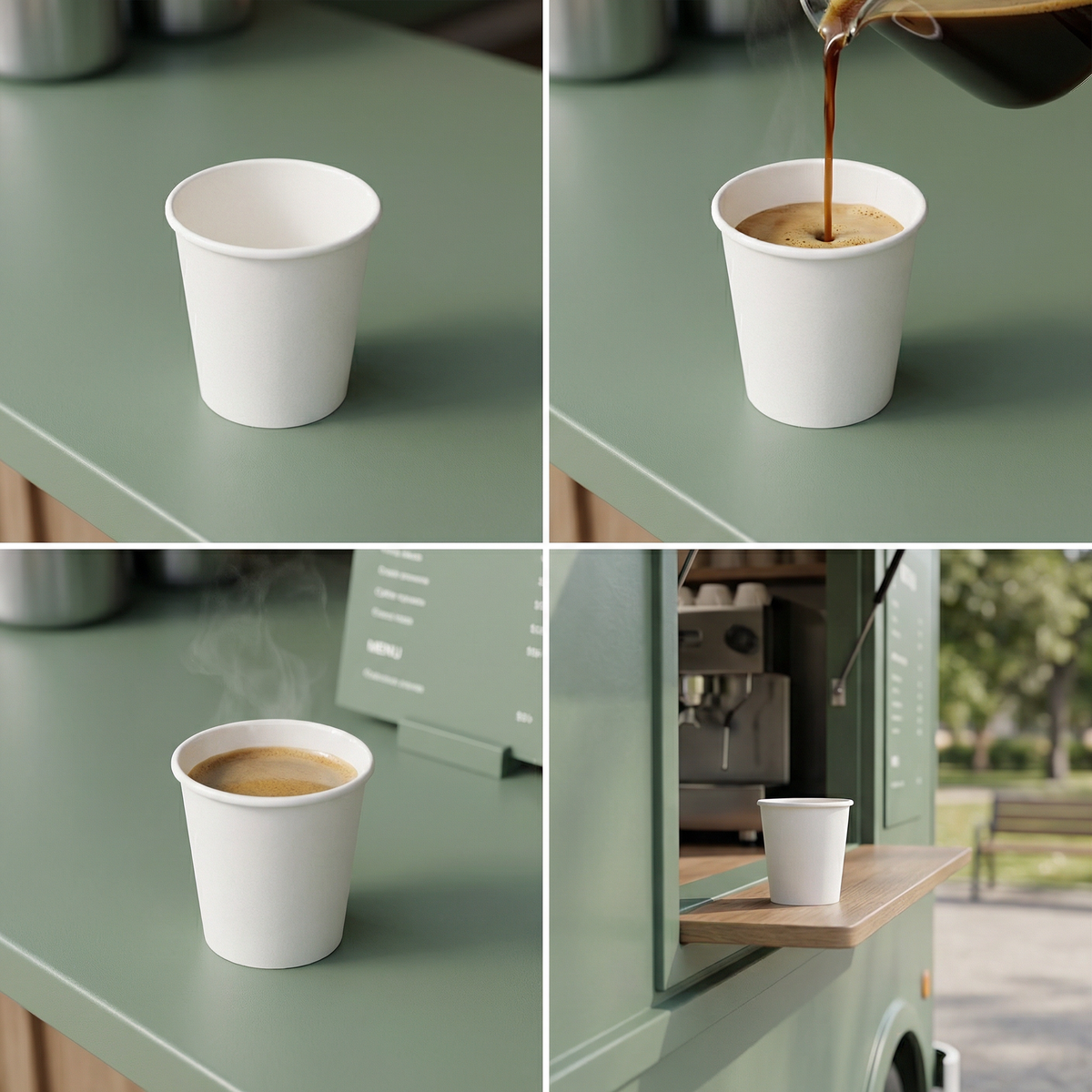 Four-panel lifestyle collage showing a white paper cup empty, being filled with coffee, steaming, and on a coffee van shelf