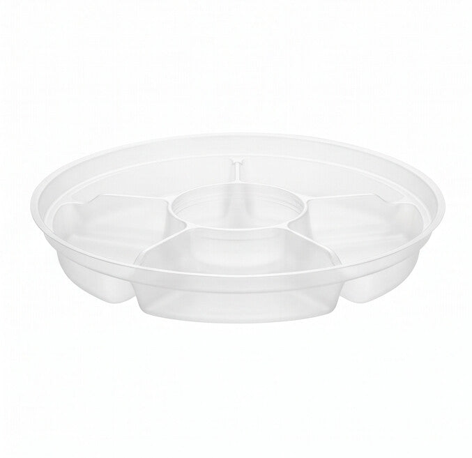 Clear round 6-compartment insert at a front angle, highlighting the divided sections, central well and transparent rim.