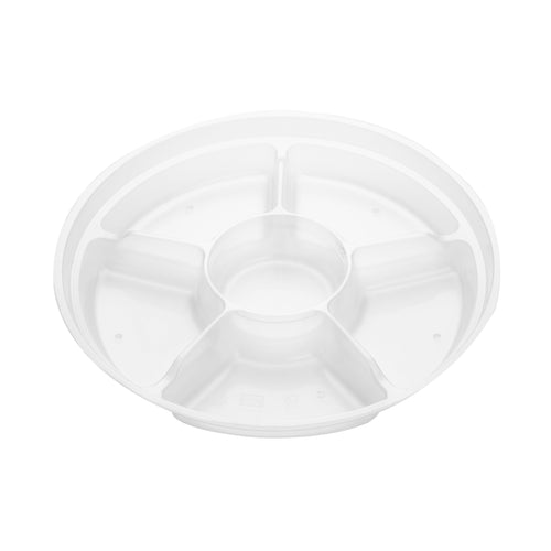 Clear round 6-compartment insert shown at a three-quarter angle, revealing the six outer compartments and the center well