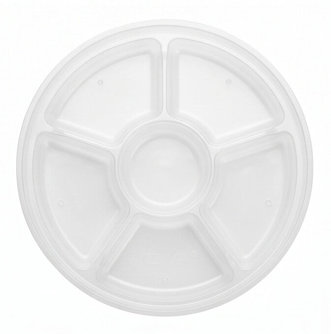 Clear round 6-compartment insert viewed from directly above, showing six wedge-shaped sections arranged around a central round well on a white background.