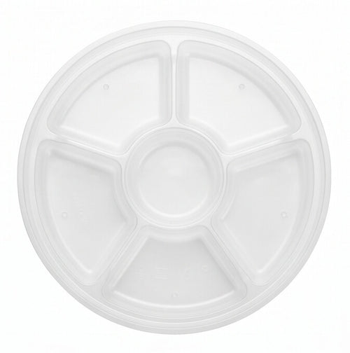 Clear round 6-compartment insert viewed from directly above, showing six wedge-shaped sections arranged around a central round well on a white background.