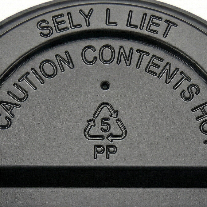 62mm black domed sip-through lid - close-up of PP5 recycling symbol and caution hot contents embossing