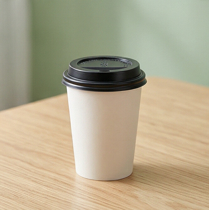 62mm black domed sip-through lid on white paper cup on wooden table with green wall background