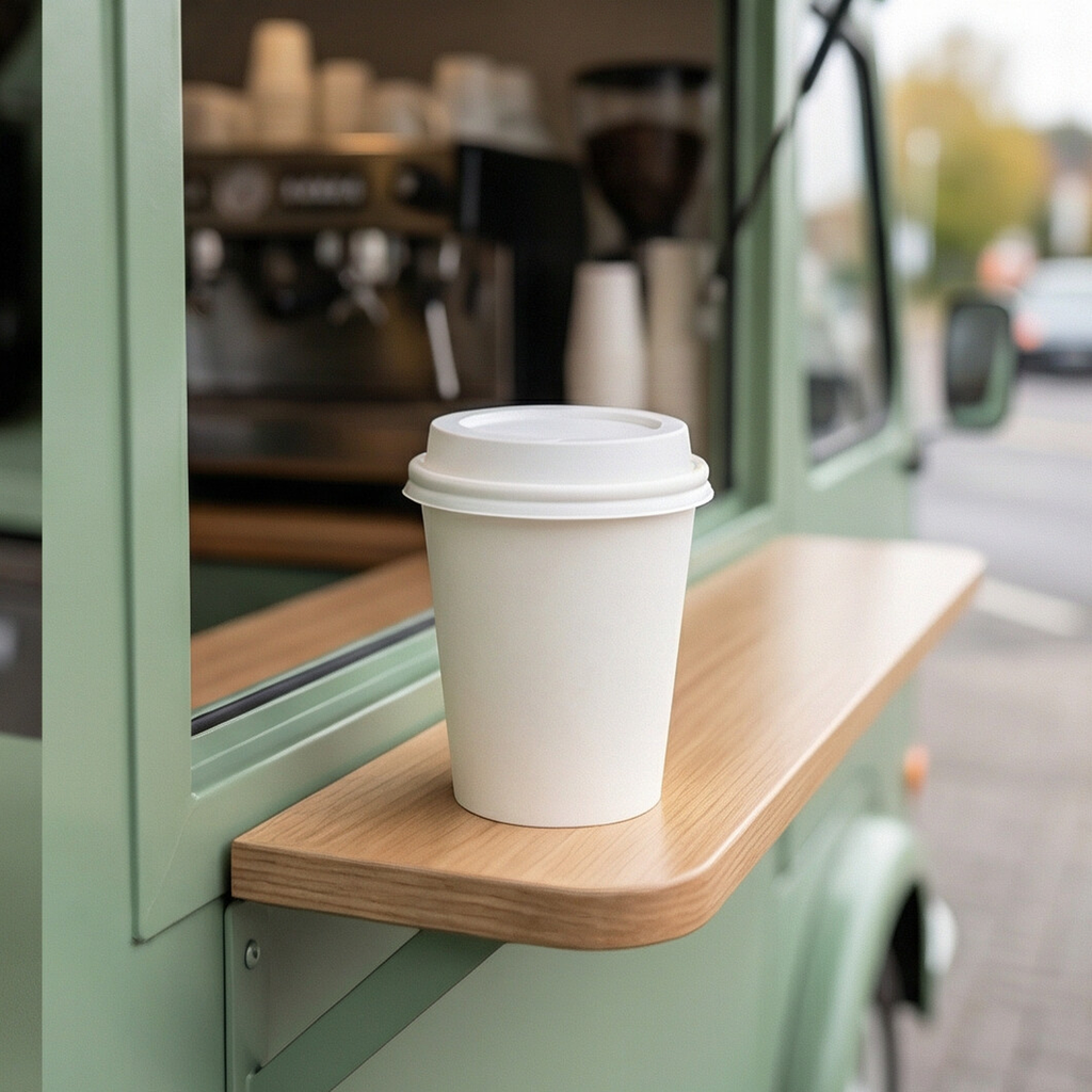 White 6oz paper cup with a white sip lid on the wooden shelf of a sage green coffee van, espresso equipment visible behind