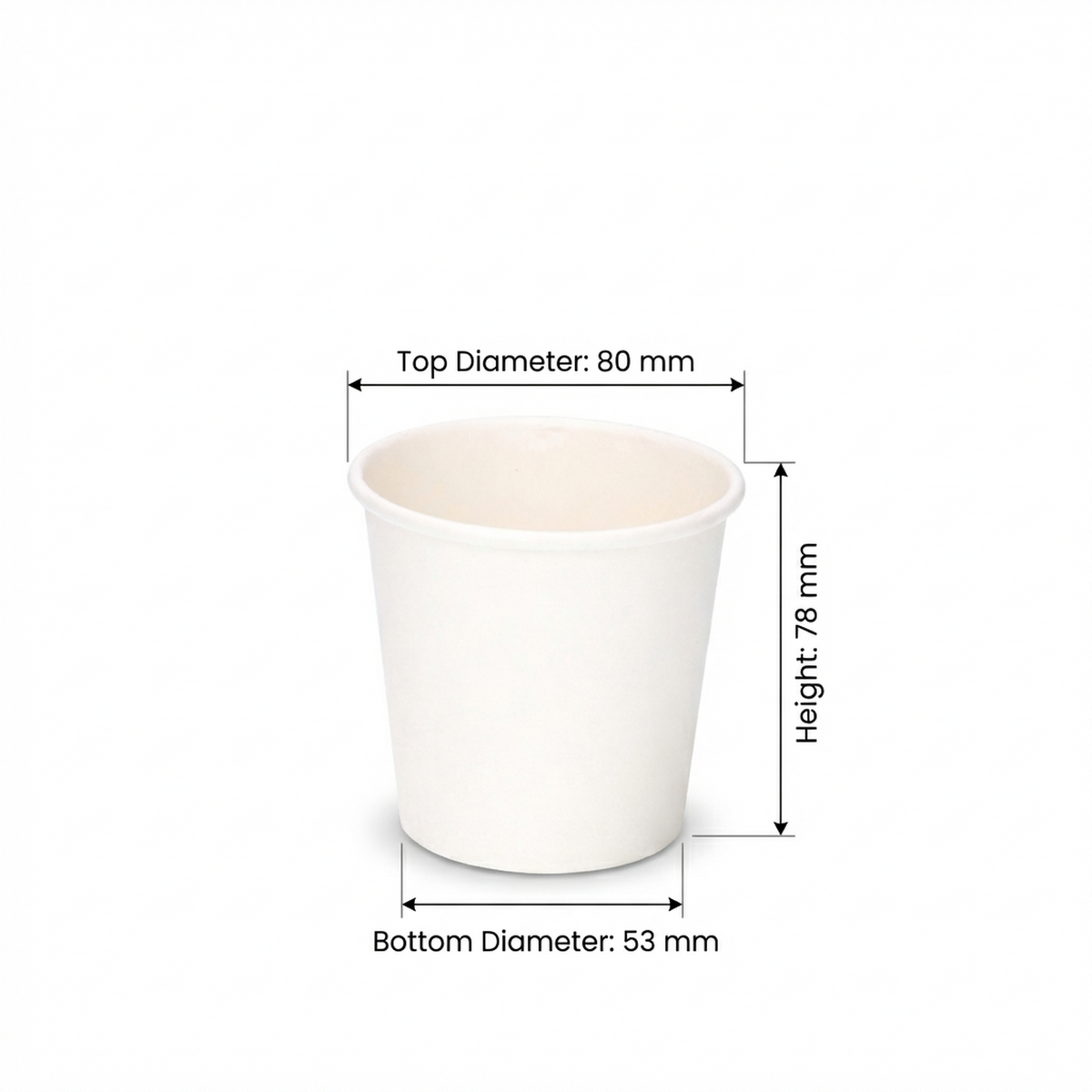Dimensions diagram for the 6oz White Single Wall Paper Cup: 80 mm top diameter, 53 mm base diameter, 78 mm height