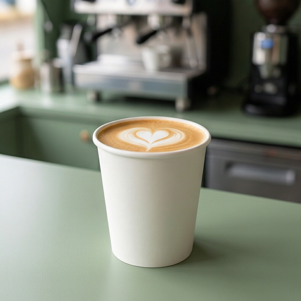 6oz white paper cup filled with a latte art heart on a sage green café counter, espresso machine and grinder blurred behind
