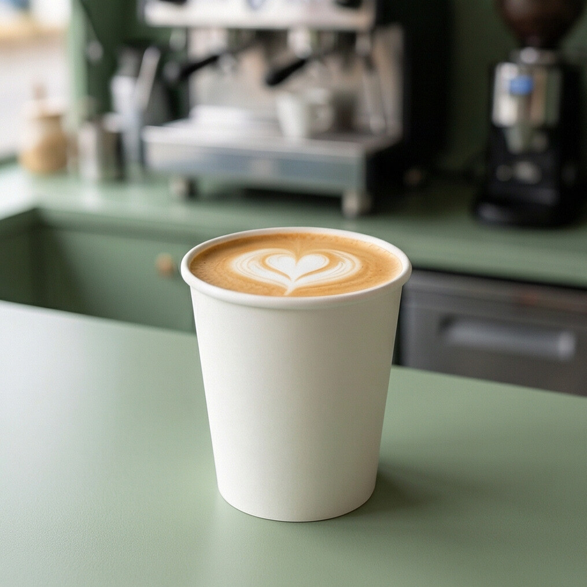 6oz white paper cup filled with a latte art heart on a sage green café counter, espresso machine and grinder blurred behind