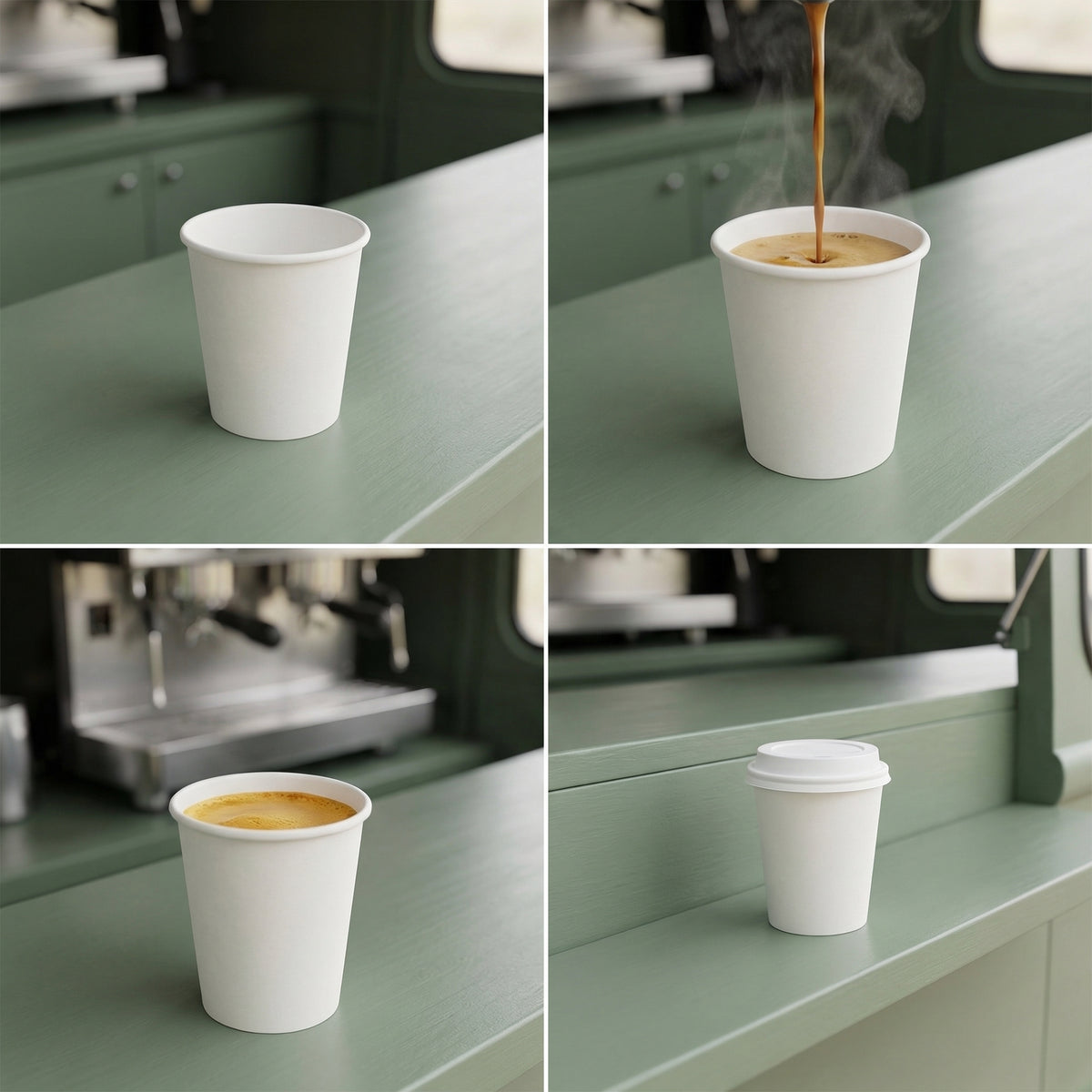 Four-panel collage of a white paper cup: empty, being filled, full of coffee, and lidded on a sage green van counter