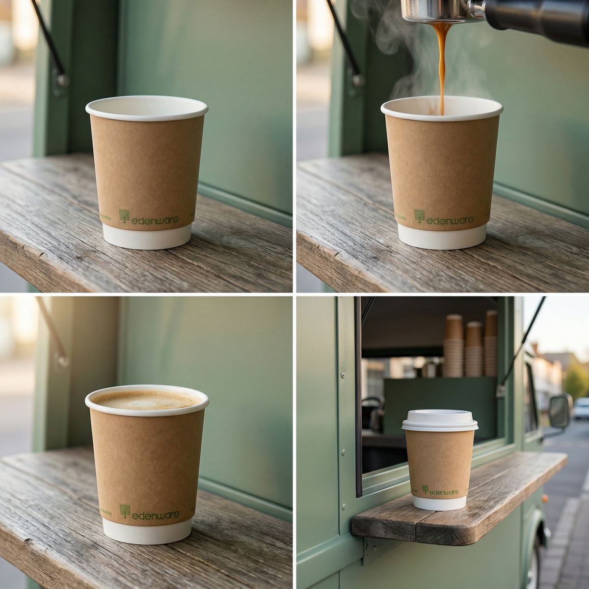 8oz compostable kraft double wall paper cup lifestyle collage - four panels showing empty cup, espresso being poured, latte and takeaway cup with lid outdoors
