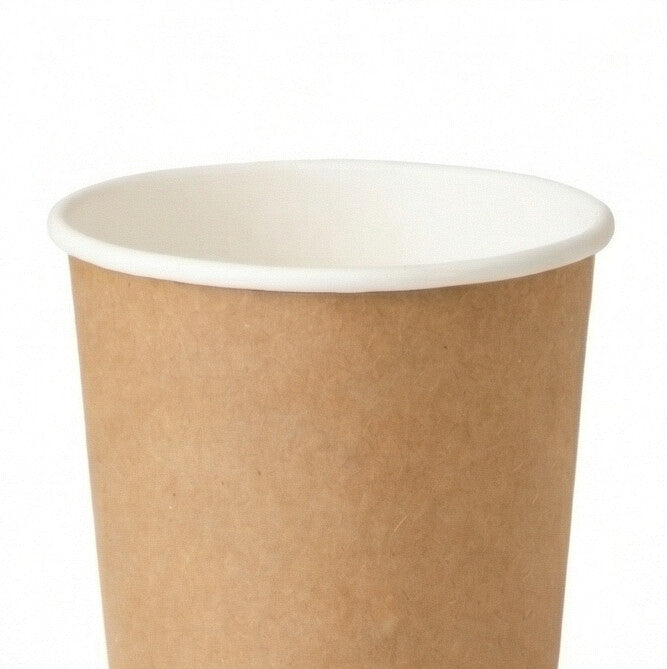 8oz compostable kraft double wall paper cup - close-up of open rim and interior on white background