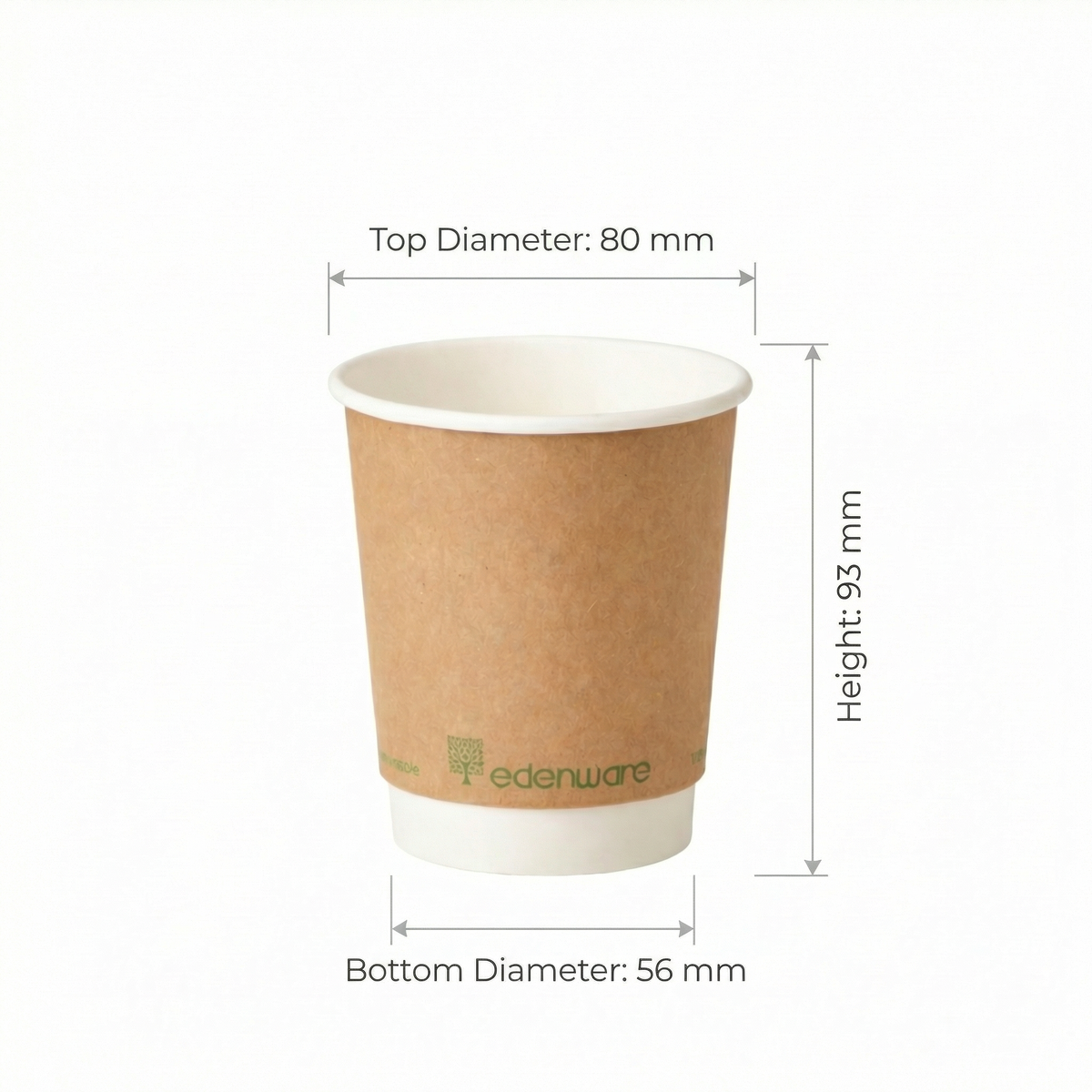 8oz compostable kraft double wall paper cup with dimensions - height 93mm, top diameter 80mm, bottom diameter 56mm