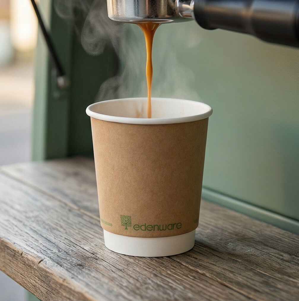 8oz compostable kraft double wall paper cup with espresso being poured on wooden shelf at outdoor coffee van