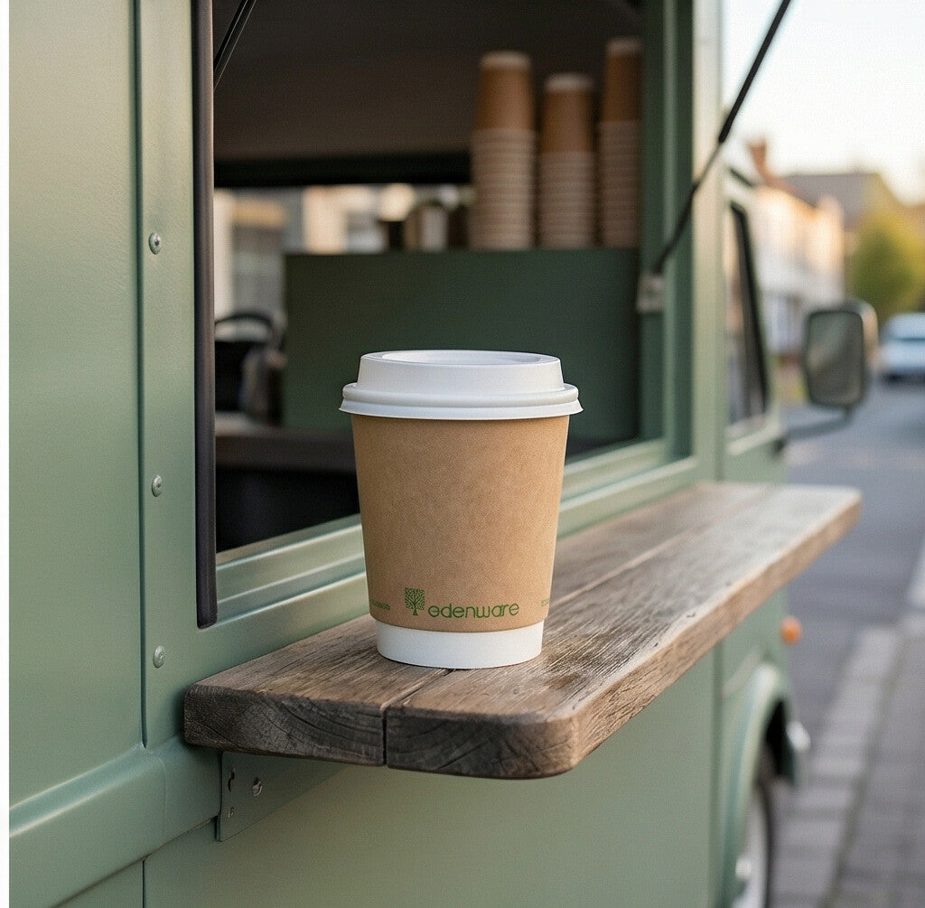 8oz compostable kraft double wall paper cup with lid on wooden shelf of an outdoor coffee van on street