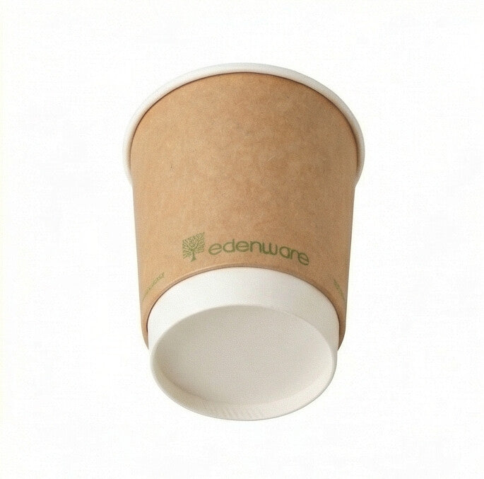 8oz compostable kraft double wall paper cup - overhead angle on white background showing base of cup