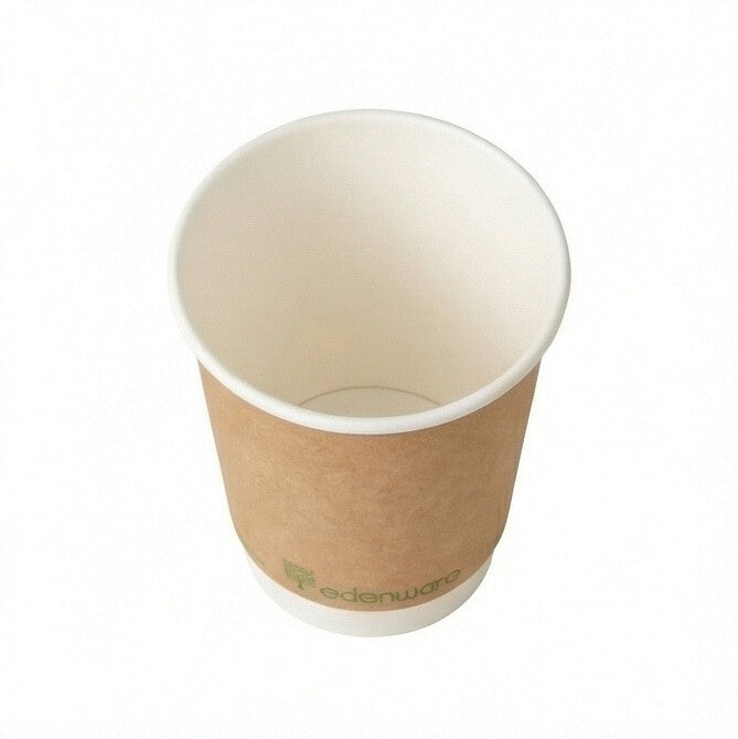 8oz compostable kraft double wall paper cup - tilted top-down view showing open interior on white background