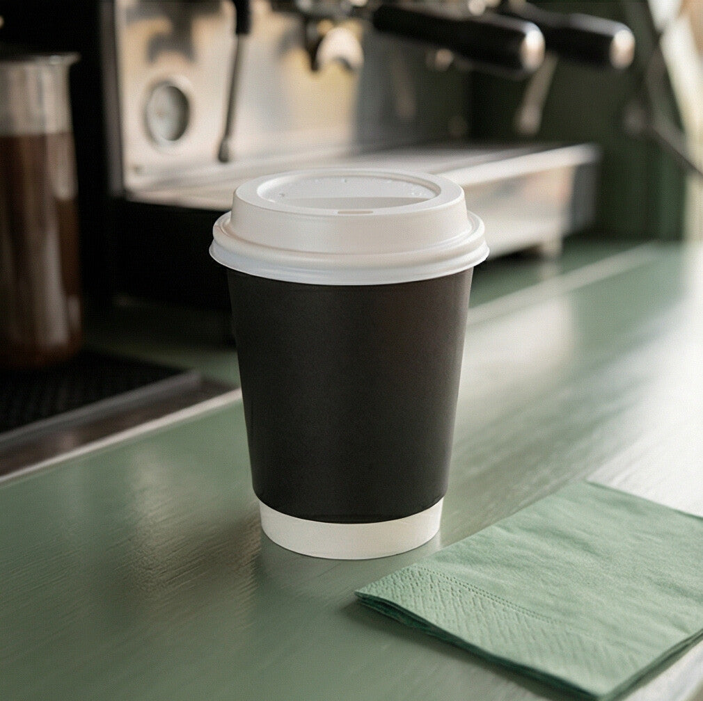 Black 8oz double wall paper cup with a white lid on a sage green café counter beside a green napkin, espresso machine behind