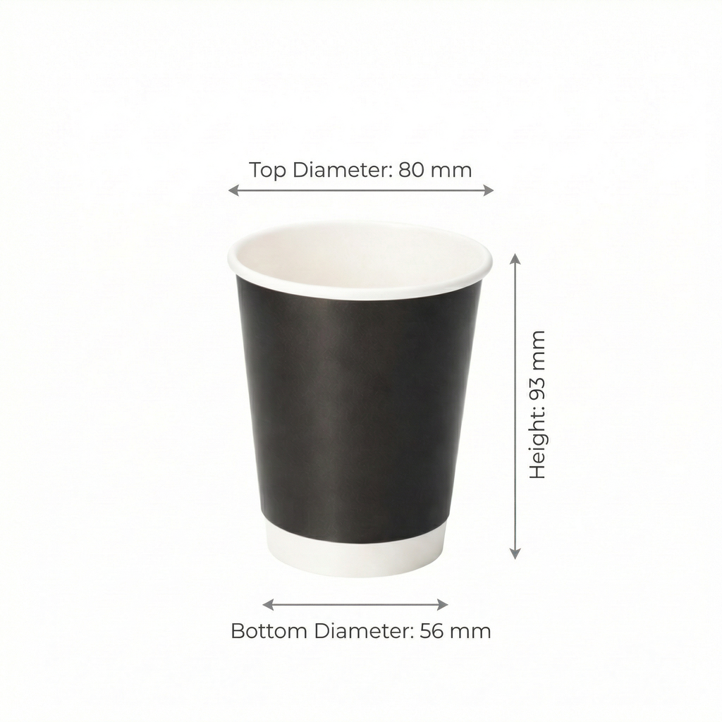 Dimensions diagram for the 8oz Black Double Wall Paper Cup: 80 mm top diameter, 56 mm base, 93 mm height, white background