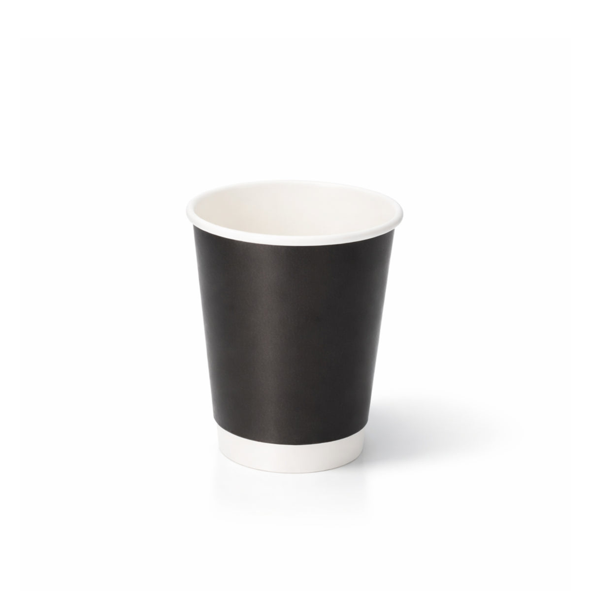 8oz Black Double Wall Paper Cup centred on white, showing the matte black exterior, white rim and base band, subtle shadow