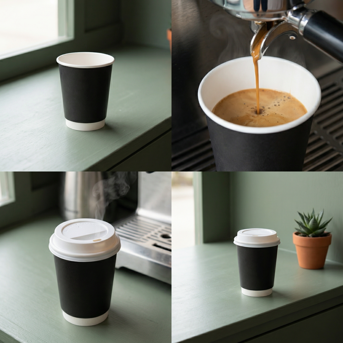 Four-panel collage: black 8oz cup empty, espresso being pulled in, lidded steaming, and lidded beside a small succulent