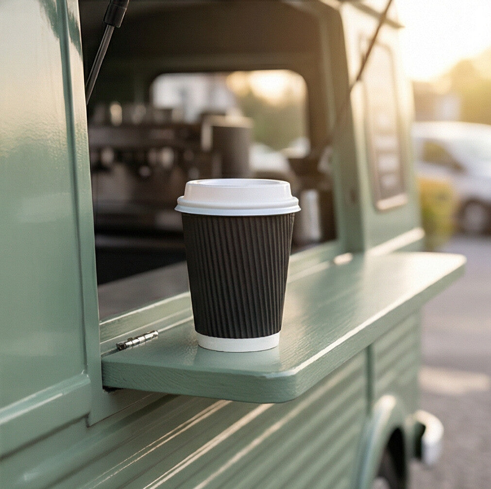 8oz Black Ripple Wall Paper Cup with a white lid on the fold-down shelf of a sage green coffee van, sunny street behind