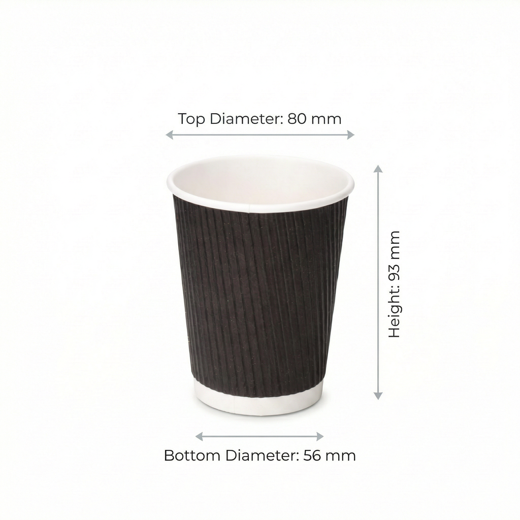 Dimensions diagram for the 8oz Black Ripple Wall Paper Cup: 80 mm top, 56 mm base, 93 mm height, off-white background