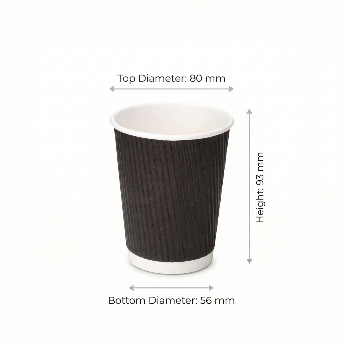 Dimensions diagram for the 8oz Black Ripple Wall Paper Cup: 80 mm top, 56 mm base, 93 mm height, off-white background