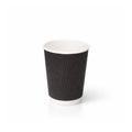 8oz Black Ripple Wall Paper Cup on white, vertical ripple texture exterior, white rim and base band, subtle shadow