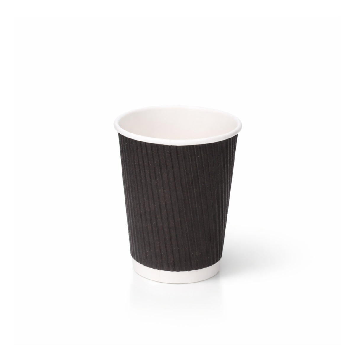 8oz Black Ripple Wall Paper Cup on white, vertical ripple texture exterior, white rim and base band, subtle shadow