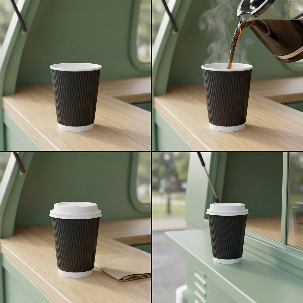Four-panel collage: empty black 8oz on van, coffee poured in steaming, lidded on van shelf, and lidded outside van