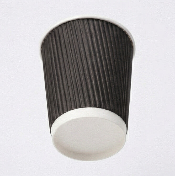 8oz Black Ripple Wall Paper Cup from three-quarter above, showing the open interior and black ripple exterior on grey