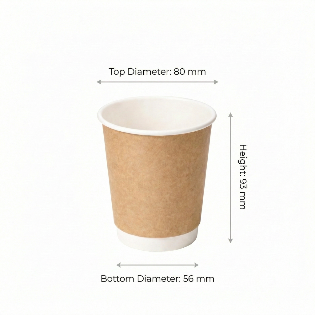 Dimensions diagram for the 8oz Kraft Double Wall Paper Cup: 80 mm top diameter, 56 mm base, 93 mm height