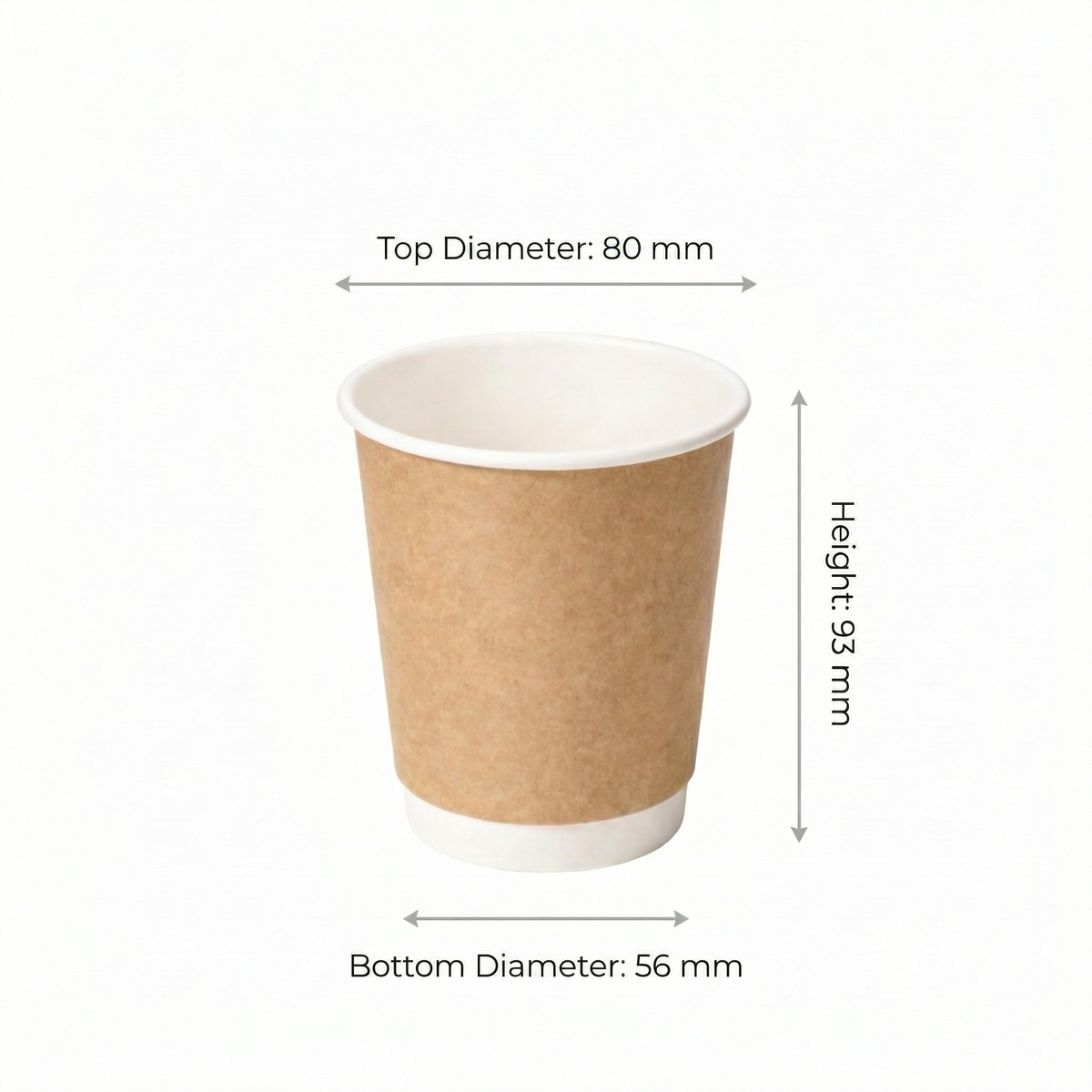 Dimensions diagram for the 8oz Kraft Double Wall Paper Cup: 80 mm top diameter, 56 mm base, 93 mm height
