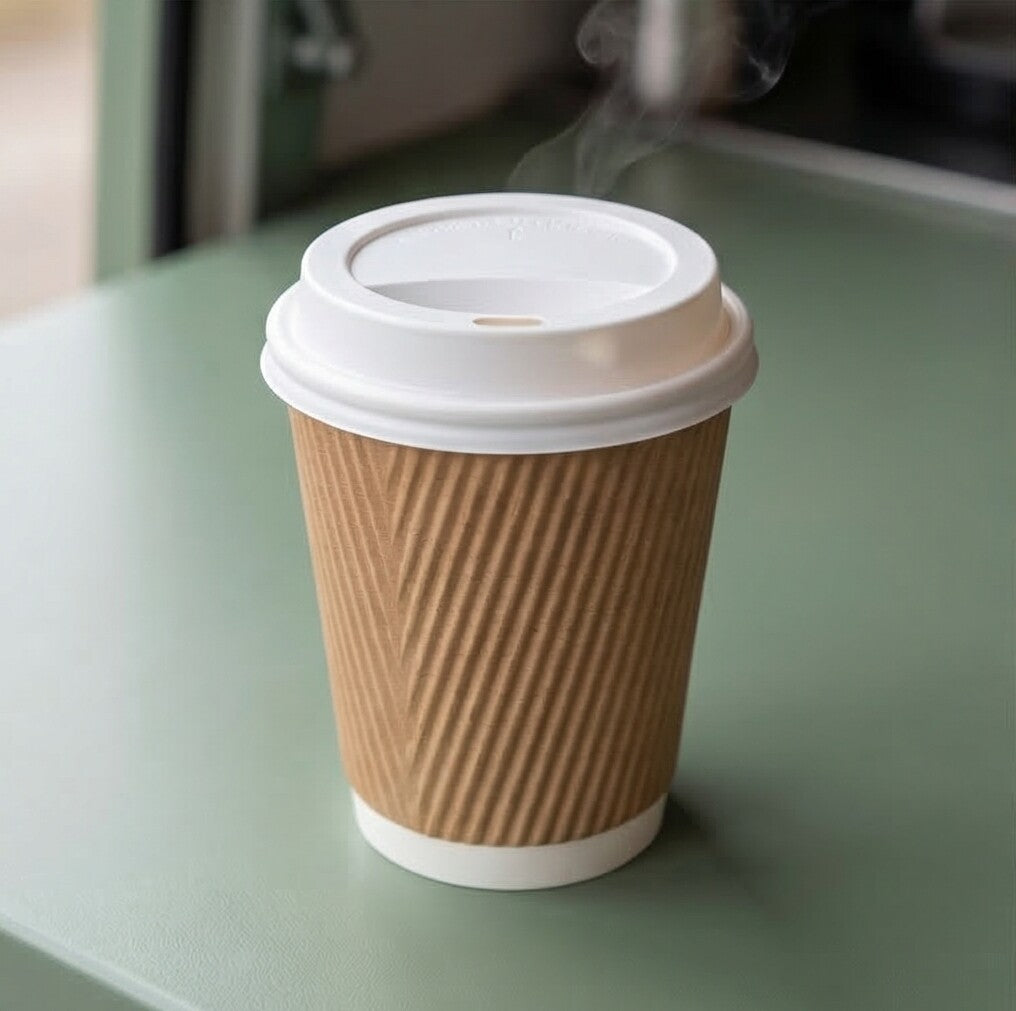 8oz Kraft Ripple Wall Paper Cup with a white lid steaming on a sage green coffee van surface, van door visible behind