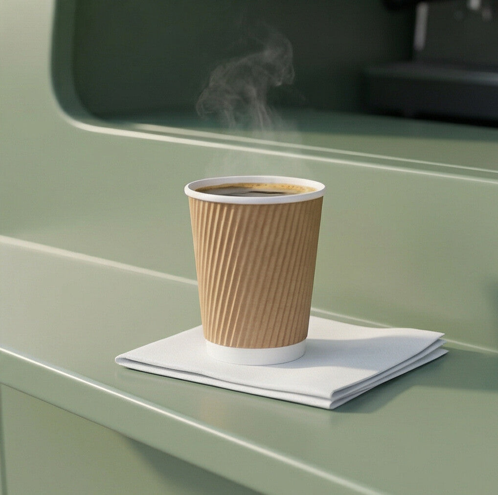 8oz Kraft Ripple Wall Paper Cup filled with steaming black coffee on a white napkin atop a sage green coffee van surface