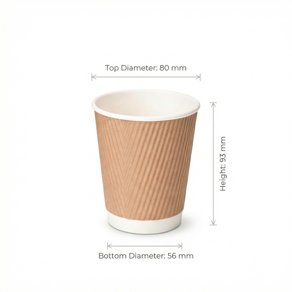 Dimensions diagram for the 8oz Kraft Ripple Wall Paper Cup: 80 mm top diameter, 56 mm base, 93 mm height, white background