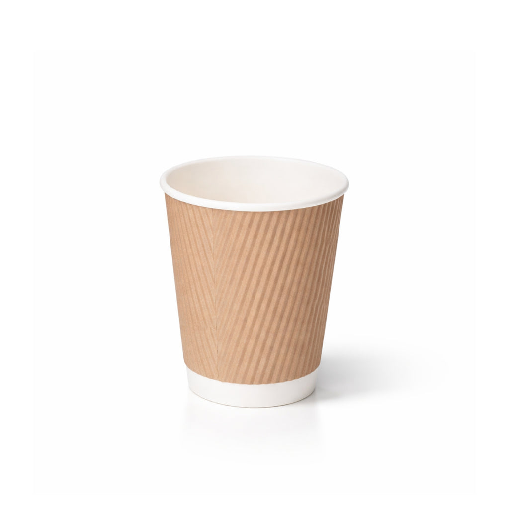 8oz Kraft Ripple Wall Paper Cup on white, diagonal ripple texture exterior, white rim and base band, subtle shadow