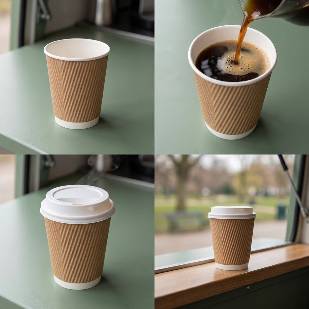 Four-panel collage: empty kraft 8oz cup on van, coffee poured in, lidded steaming, and lidded on van shelf with park view