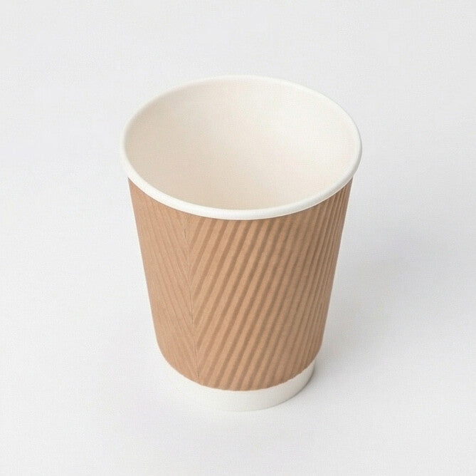 8oz Kraft Ripple Wall Paper Cup from three-quarter above, showing the open interior and diagonal ripple texture on light grey