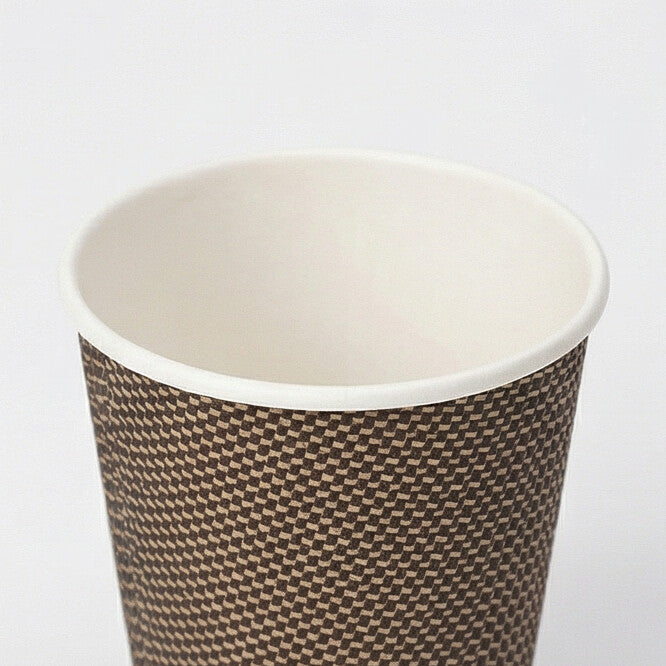 Close-up of the white rolled rim and upper woven texture of an 8oz VIP Ripple Wall Paper Cup, light grey