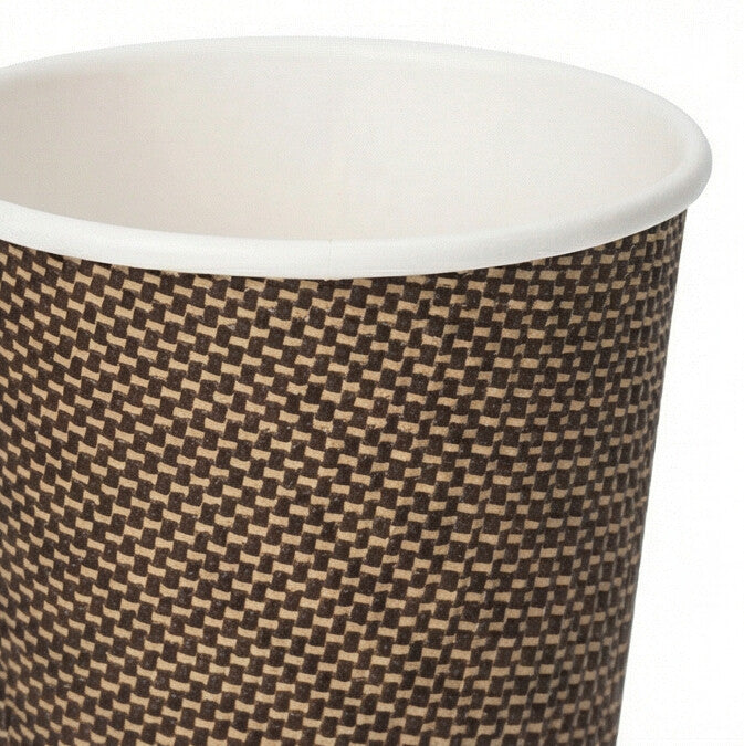 Close-up of the dark brown woven texture and white rim of an 8oz VIP Ripple Wall Paper Cup, white background