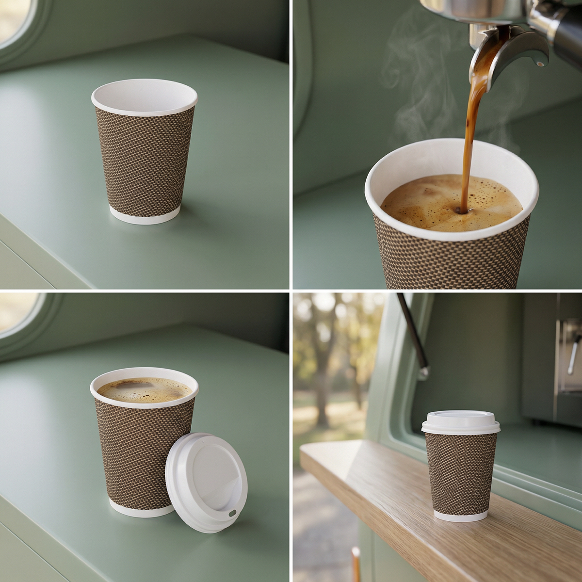 Four-panel collage: empty cup on van counter, espresso machine pours steaming, coffee with lid aside, lidded on van shelf