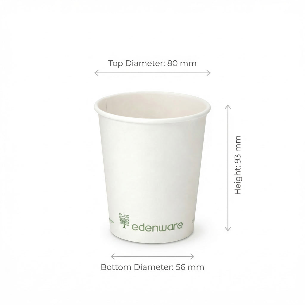 Dimensions diagram for the 8oz White Compostable Single Wall Paper Cup: 80 mm top diameter, 56 mm base, 93 mm height