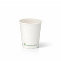 8oz White Compostable Single Wall Paper Cup on white, smooth exterior with green compostable branding, subtle shadow