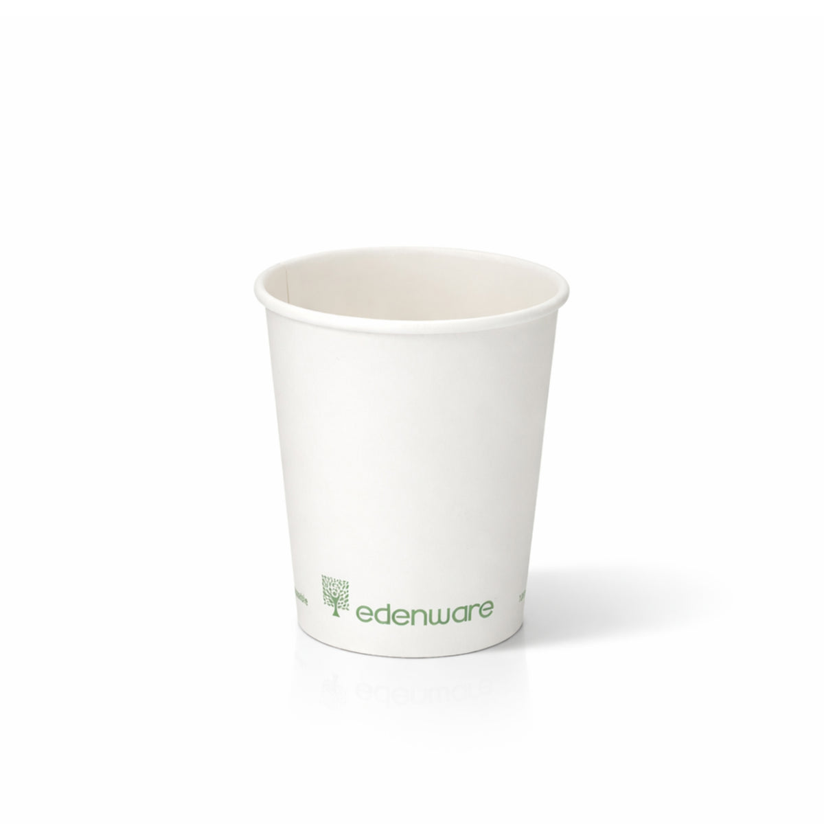 8oz White Compostable Single Wall Paper Cup on white, smooth exterior with green compostable branding, subtle shadow