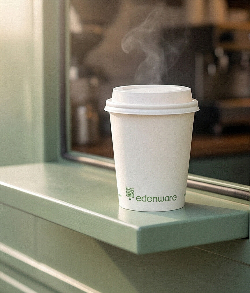 8oz White Compostable Single Wall Paper Cup with white lid on sage green coffee van shelf, steam rising from lid