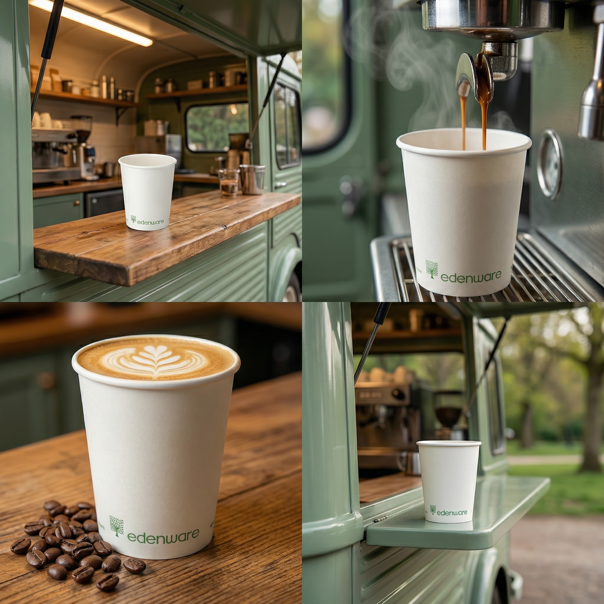 Four-panel collage: empty cup on van counter, espresso poured from machine, latte art cup with coffee beans, on van shelf