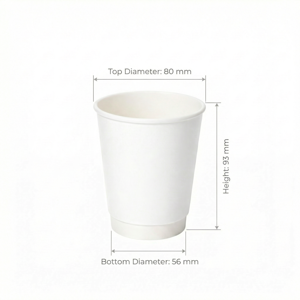 Dimensions diagram for the 8oz White Double Wall Paper Cup: 80 mm top, 56 mm base, 93 mm height, off-white background