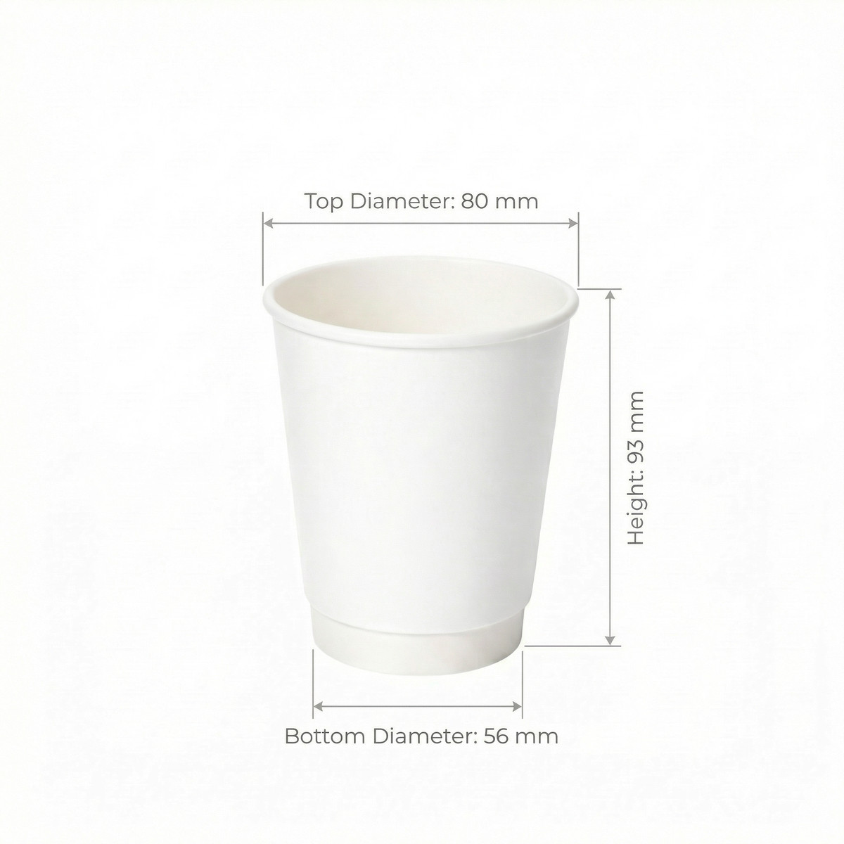 Dimensions diagram for the 8oz White Double Wall Paper Cup: 80 mm top, 56 mm base, 93 mm height, off-white background