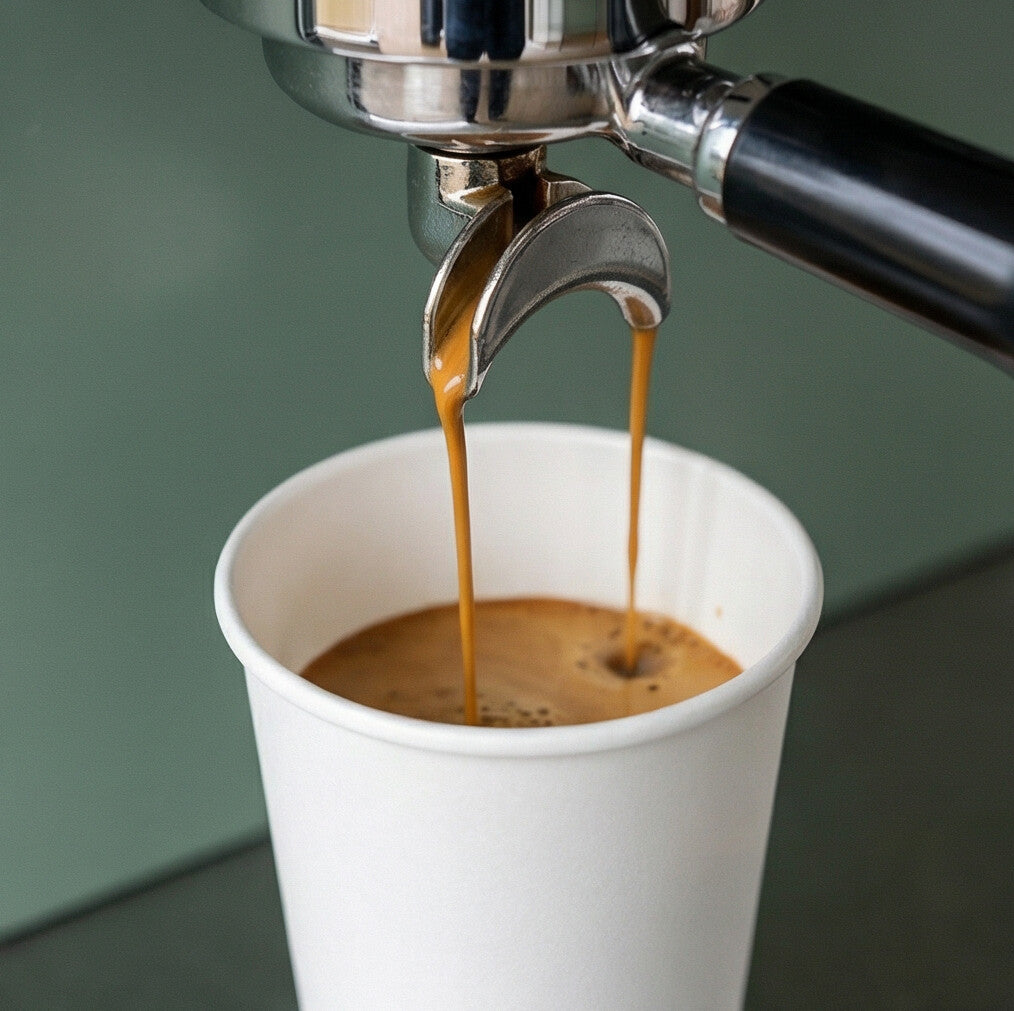 Espresso machine pouring a double shot directly into an 8oz White Double Wall Paper Cup, sage green background